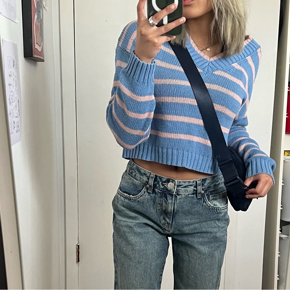 baby blue & pink striped knit crop sweater